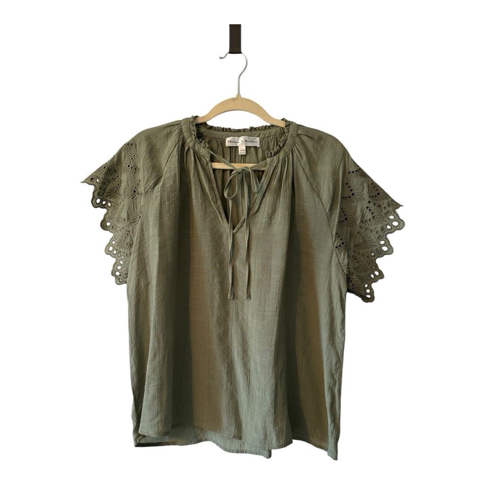 Chelsea Theodore Shirt Womens Green Tunic‎ Blouse Eyelet Sleeves Tie Up Boho